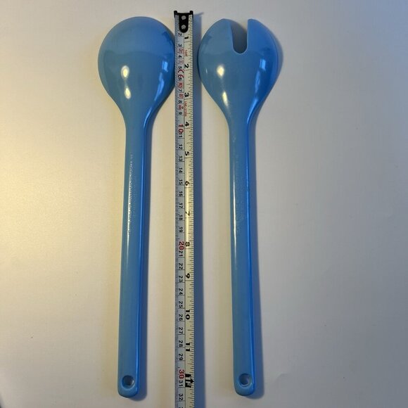 2pc Vintage Melamine Utensils Aqua Blue Salad Servers Serving Slotted Spoon Set - Picture 6 of 6